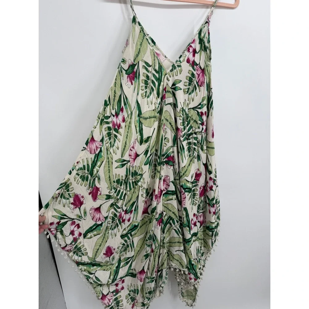 Goa Japna Beach Coverup Women Medium Cream Tropical Floral Pom Pom‎ Trim Dress